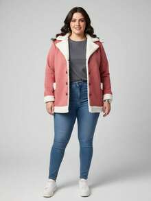 Vivi Women's Plus Size Coat With Button, Plush, Thick, Long Sleeve Winter - Dusty Pink - View 2