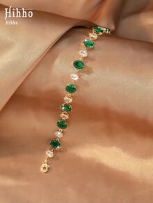 Hihho 1 pieza Pulsera de circonita ovalada, pulsera elegante y brillante que ilumina la piel, adecuada para uso diario, reuniones y fiestas de fogata, combinación de colores aleatoria - Pulsera - Ver 17
