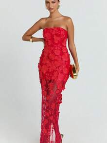 Vestido mujer sin tirantes con flores tridimensionales estilo francés lujo ligero elegante ideal fiesta dama verano moda casual  nueva colección - Rojo - Ver 2