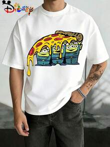 Disney Toy Story Pizza Planet Alien Oversized Graphic Tee, Men's Casual Crew Neck T-Shirt, Retro Alien & Pizza Print Streetwear White Top - White - View 2
