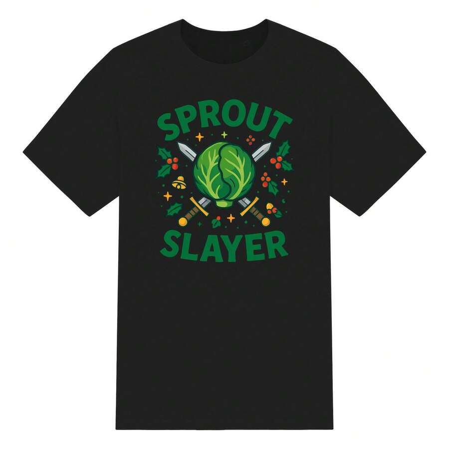 Sprout Slayer Christmas Print Crew Neck Top, Women's 4th Of July Clothing, Holiday Outfits, Summer Clothes For Women, Plus Size Women's Clothing, Casual Wear - 黑色 - 查看 1