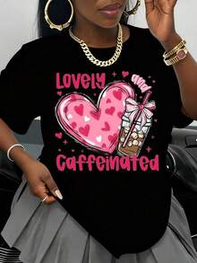 Encantadora Camiseta de Café con Corazón y Cafeína para Mujer, Regalo para el Día de San Valentín, Linda Camiseta Blanca Estampada con Corazón Rosa y Diseño de Café Helado, Top Casual de Ver - Negro - Ver 1