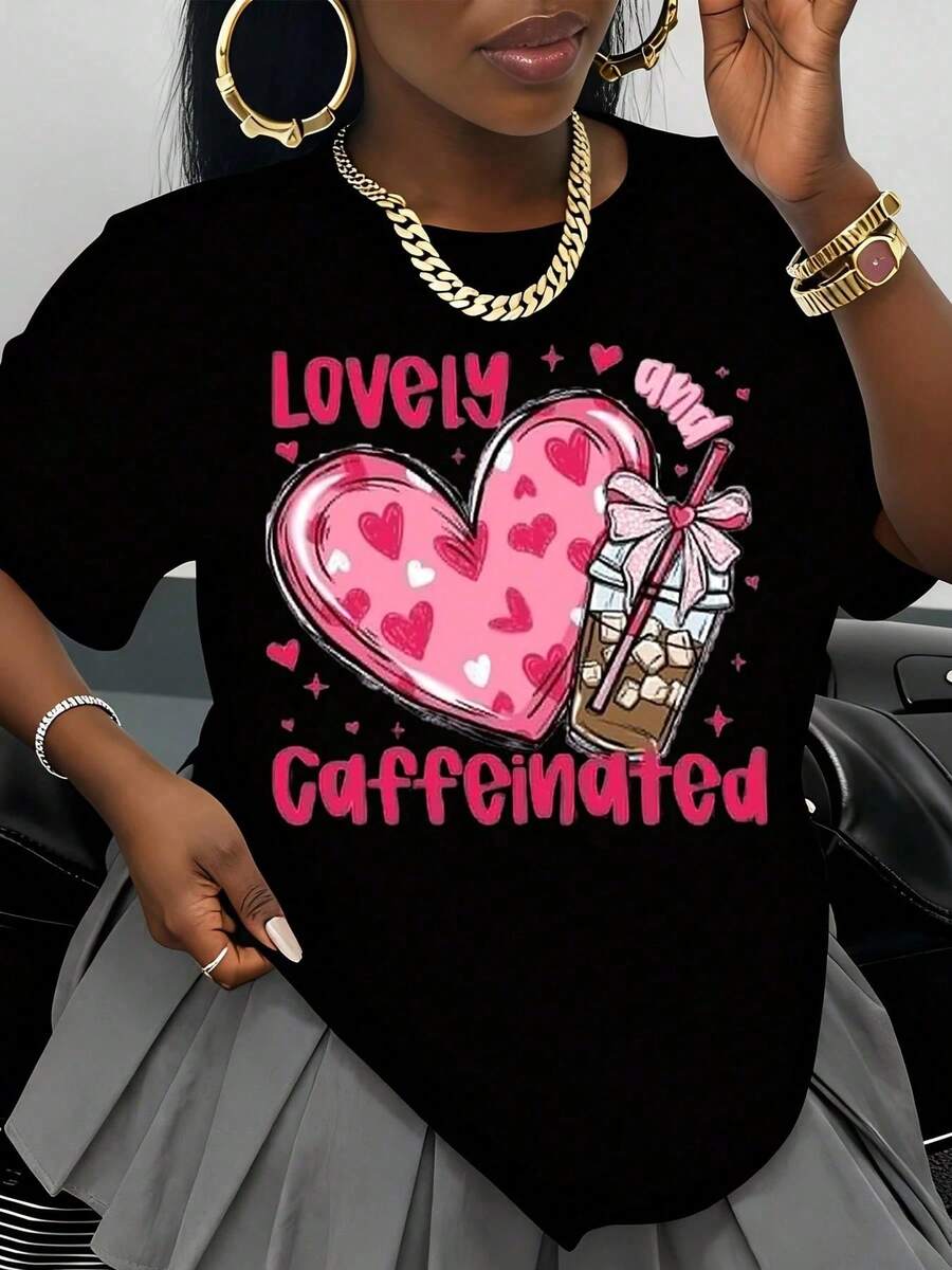Encantadora Camiseta de Café con Corazón y Cafeína para Mujer, Regalo para el Día de San Valentín, Linda Camiseta Blanca Estampada con Corazón Rosa y Diseño de Café Helado, Top Casual de Ver - Negro - Ver 1