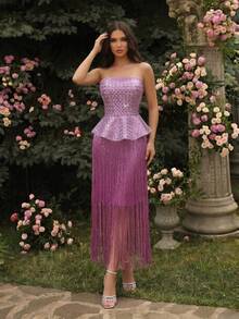 Novo Conjunto de Vestido de 2 Peças com Franjas de Diamante para Mulheres Moda Outono - Malva - Visão 4
