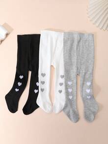 3 Pairs Girls' Heart Pattern Fitted Tights For Spring/Autumn, Suitable For Back To School Season Uniform Matching - Multicolor - View 6