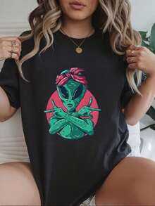 Camiseta creativa mujer alienígena ilustración divertida para momentos casuales algodón negro talla S-XL moda juvenil alternativa camiseta gráfica  envío internacional rápida,playeras de hom - Negro - Ver 1
