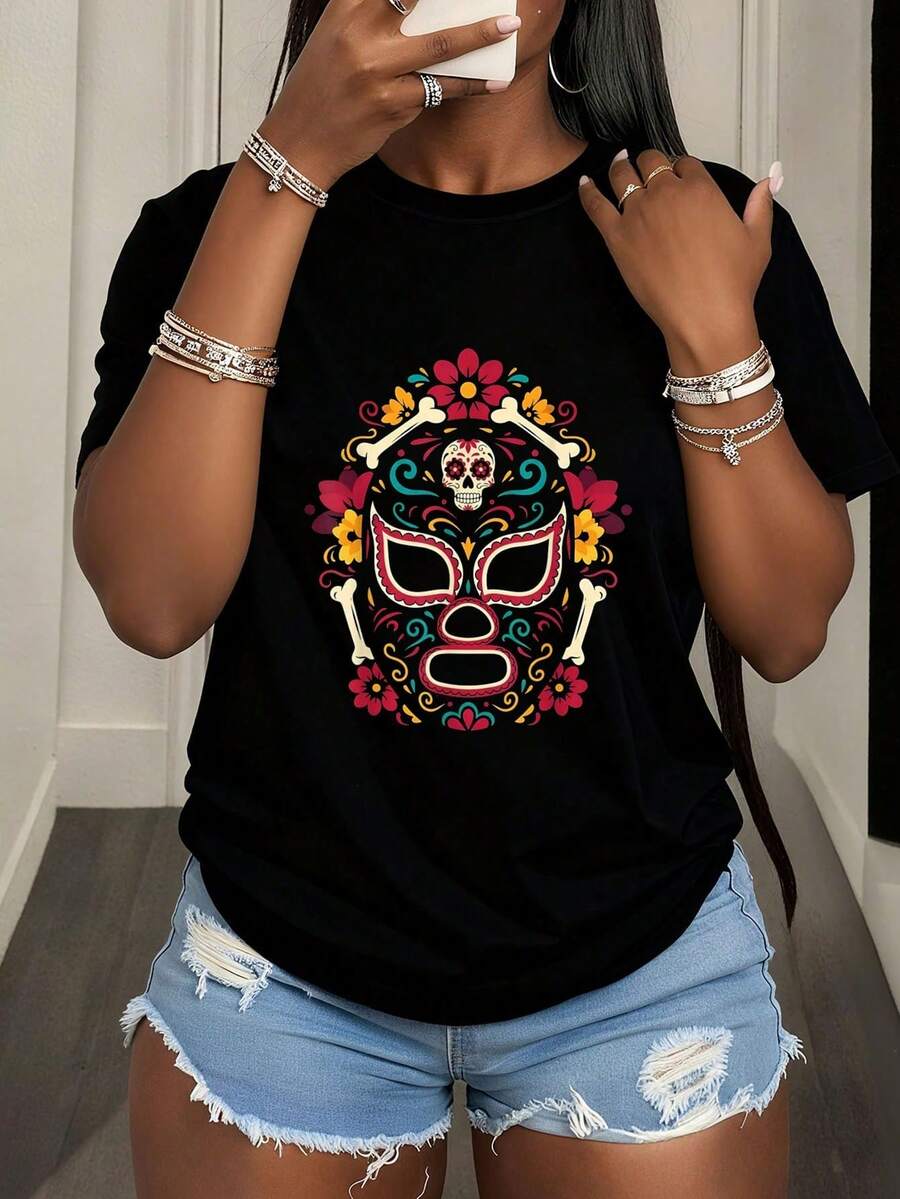 Mexican Wrestling T-Shirt With Mask, Day Of The Dead, Skull, Printed T-Shirts, Women's Fashion, Casual T-Shirts, Elegant Tops. - 黑色 - 查看 1