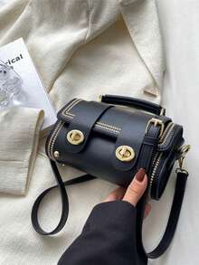 Mini Stitch Detail Twist Lock Flap Square Bag - Black - View 9