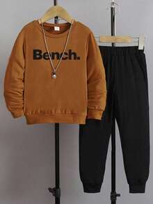 Young Boy Letter Graphic Sweatshirt And Sweatpants Casual Set - Brown - View 1