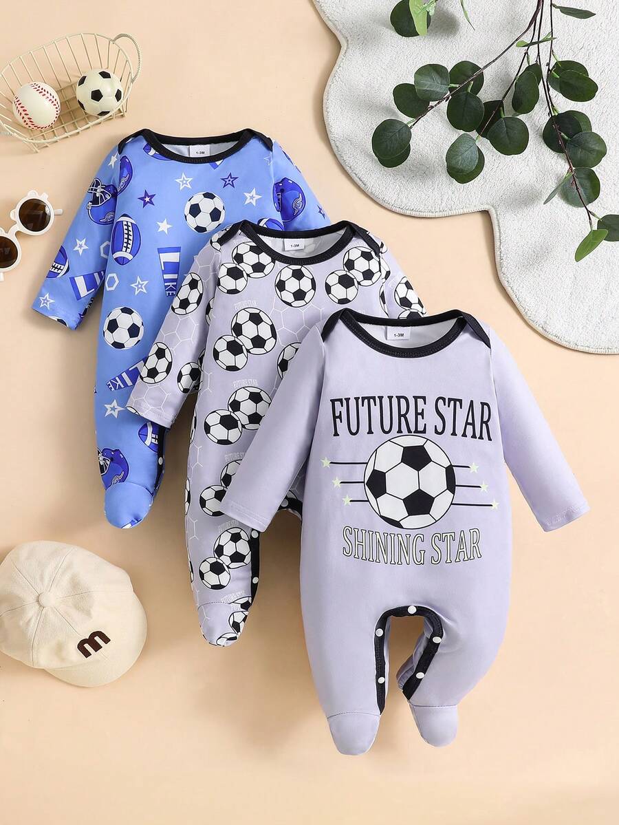 3pcs/Set Sports Style Football English Print Newborn Baby Romper - Blue - View 1