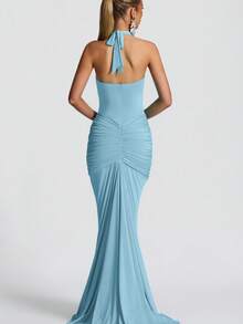 Vestido largo plisado cuello V profundo espalda descubierta ajustado sexy estilo europeo moda verano - Azul - Ver 3