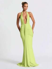 Vestido largo plisado cuello V profundo espalda descubierta ajustado sexy estilo europeo moda verano - Verde - Ver 9