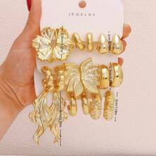 1 Set 9 Pares/3 Pares Pendientes de Textura Asimétrica Dorada & Pendientes de Mariposa Abstracta, Joyería de Estilo Callejero Apilable para Mujeres Y2K - Amarillo Oro - Ver 3