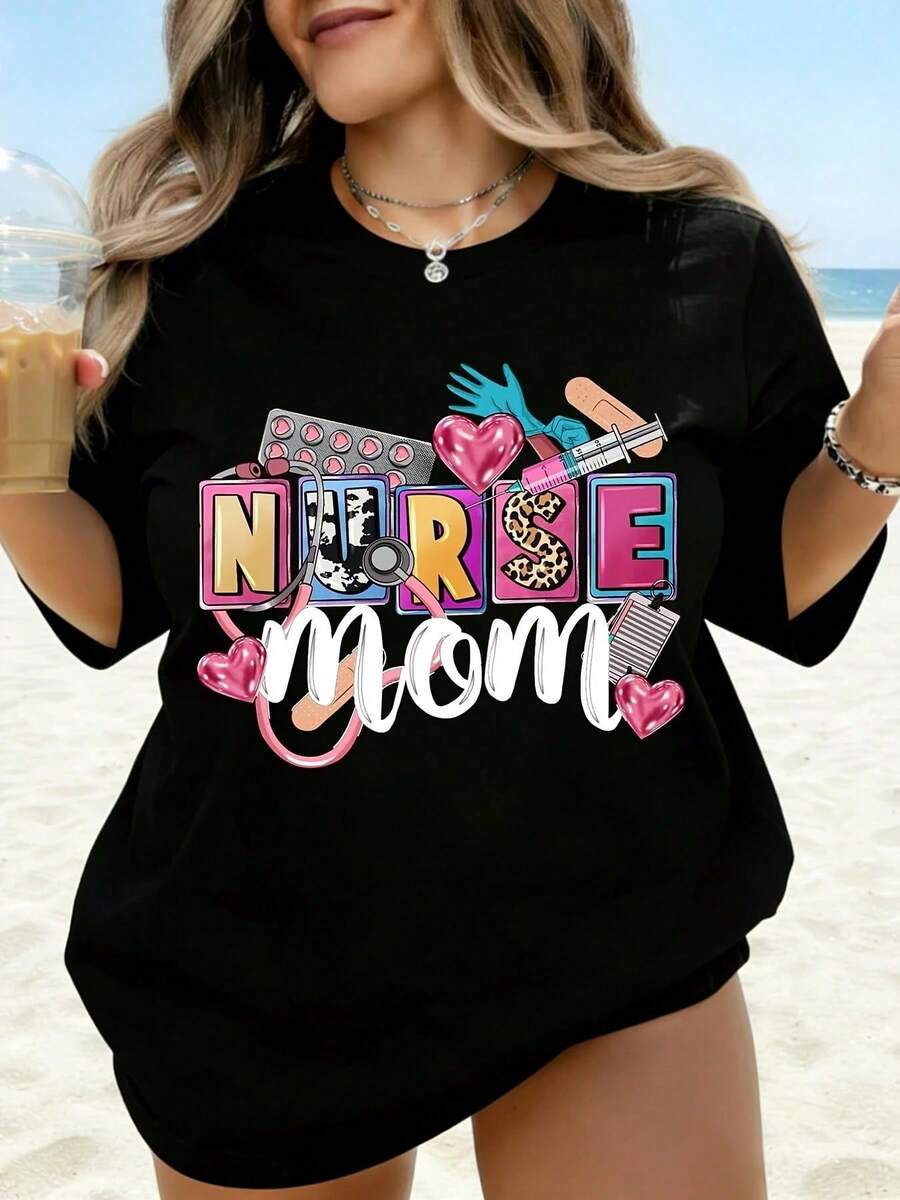 Camiseta de Enfermera para Mujer, Regalo para Enfermeras, Regalo para el Día de la Madre, Camiseta con Gráficos Lindos, Blanca, para Verano y Playa - Negro - Ver 1