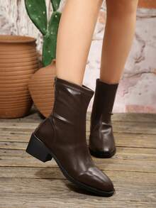 Women's Fashion Square Toe Autumn/Winter Brown Plus Size Slip-On Back Zipper Chunky Heel Comfortable Ankle Boots - Brown - View 4