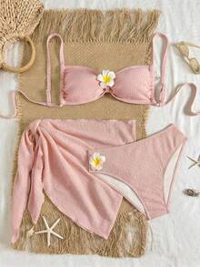 Swim Vcay Women's 3-Piece Bikini Set, Solid Color Floral Print, For Beach And Resort - Coklat - View 1