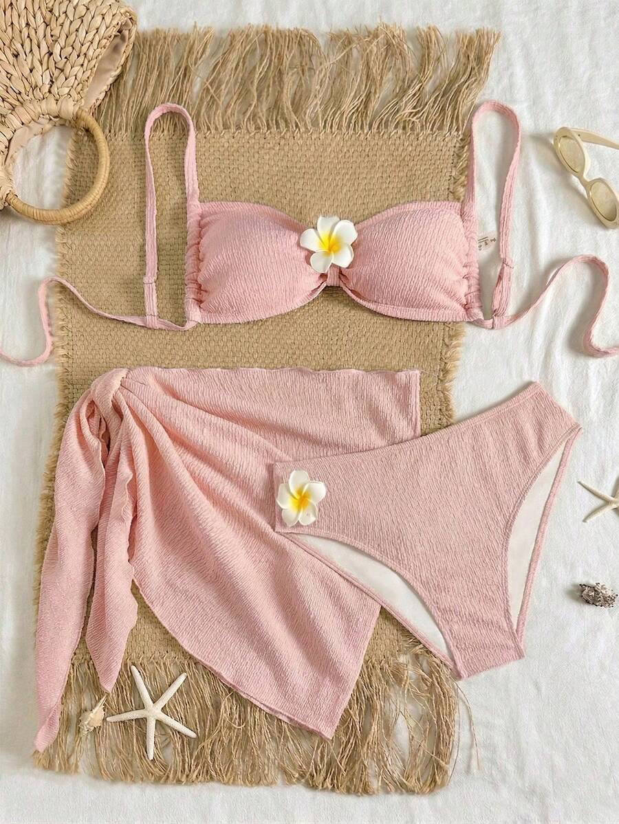 Swim Vcay Women's 3-Piece Bikini Set, Solid Color Floral Print, For Beach And Resort - Coklat - View 1