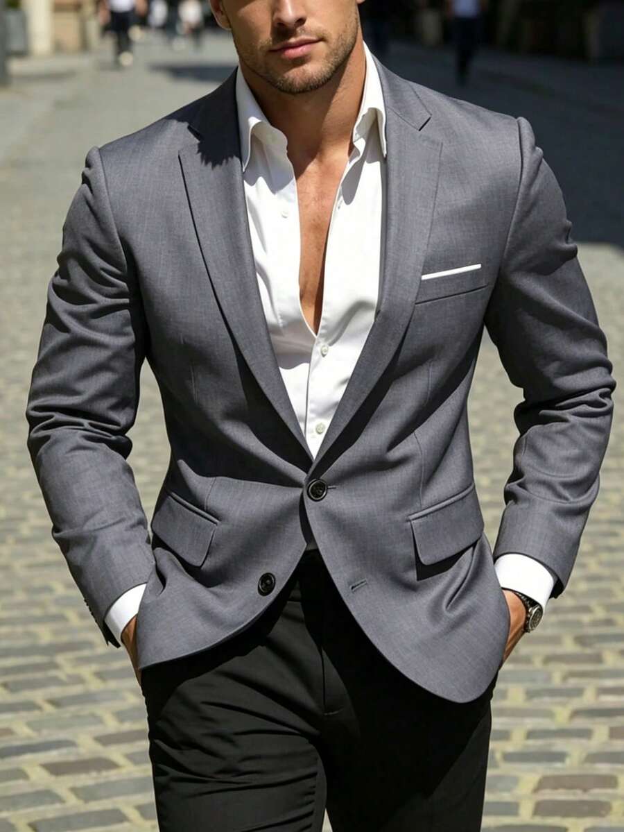 Men's Elegant Lapel NeckBlazer, Light Business Casual Office Wear, Dandy Style, Vacation, Party, Wedding Season Men's Clothing - Grey - View 1