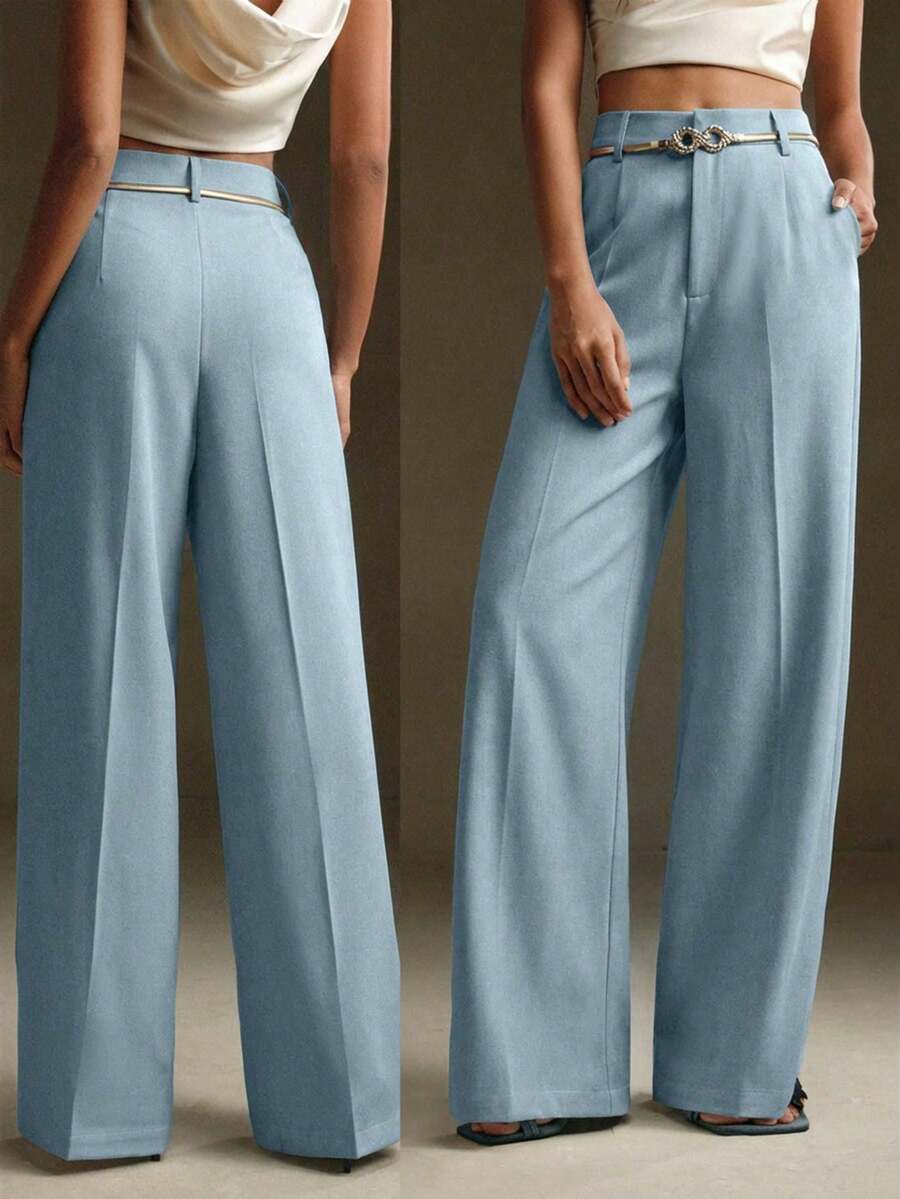 Petite Pantalones de traje blancos de primavera, pantalones de traje con decoración de cinturón metálico de unicolor moderno y urbano - Celeste - Ver 1
