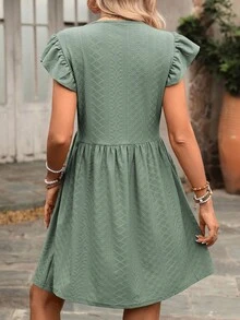 REFRESH YOUR WARDROBE NOW! French-Style Day Dress, V-Neck, Short Sleeves With Romantic Ruffles, Wide And Flowing Skirt, The Essence Of Country Chic For Walks In The Sun - Green - View 4