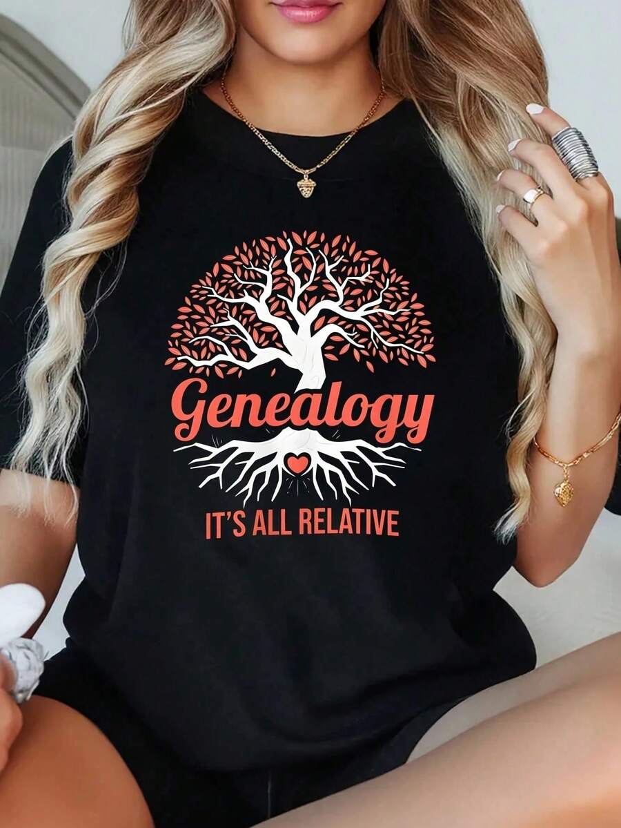 1 Pieza Camiseta de Talla Grande para Mujer con Diseño Gráfico de Genealogía Familiar 'Es Todo Relación', Manga Corta, 220g, Novedosa, 100% Poliéster, Cuello Redondo Casual - Negro - Ver 1