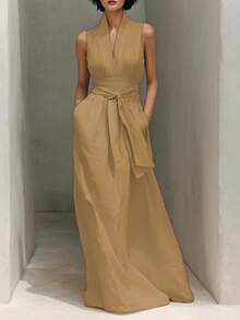 New 2026 Elegant Casual Dress, V-Neck, Solid Color, Sleeveless, Adjustable Drawstring And Pockets - 卡其色 - 查看 1