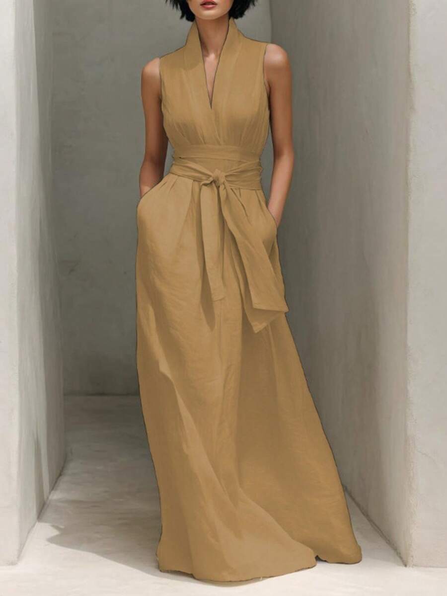 New 2026 Elegant Casual Dress, V-Neck, Solid Color, Sleeveless, Adjustable Drawstring And Pockets - 卡其色 - 查看 1