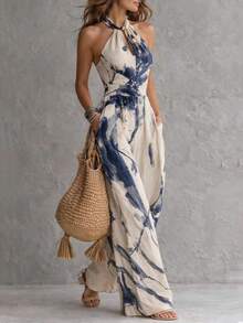 Mono sin mangas estampado digital cuello colgado espalda abierta estilo europeo primavera verano moda mujer - Azul marino - Ver 7