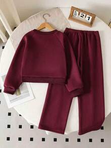 Girls Fashion Bow Print Round Neck Long Sleeve Top And Wide Leg Pants, With Bow Decor, Autumn/Winter - Burgundy - View 2