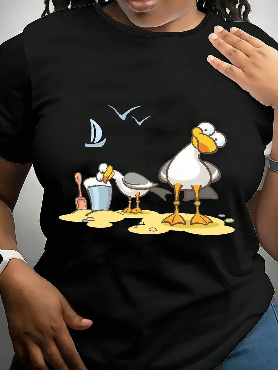 Camiseta de Cuello Redondo Talla, Nueva Colección 2025, Diseño Estampado Versátil, Manga Corta, Tejido Microelástico Suelto, Estilo INS de Moda HGAZ - Negro - Ver 1