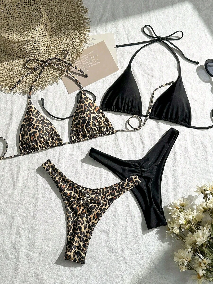 Mod Conjunto de bikini de 4 piezas para vacaciones en la playa, con rayas azules y base marrón, lunares azules y cuentas, para primavera/verano 2026 para mujeres - Multicolor 8 - Ver 1