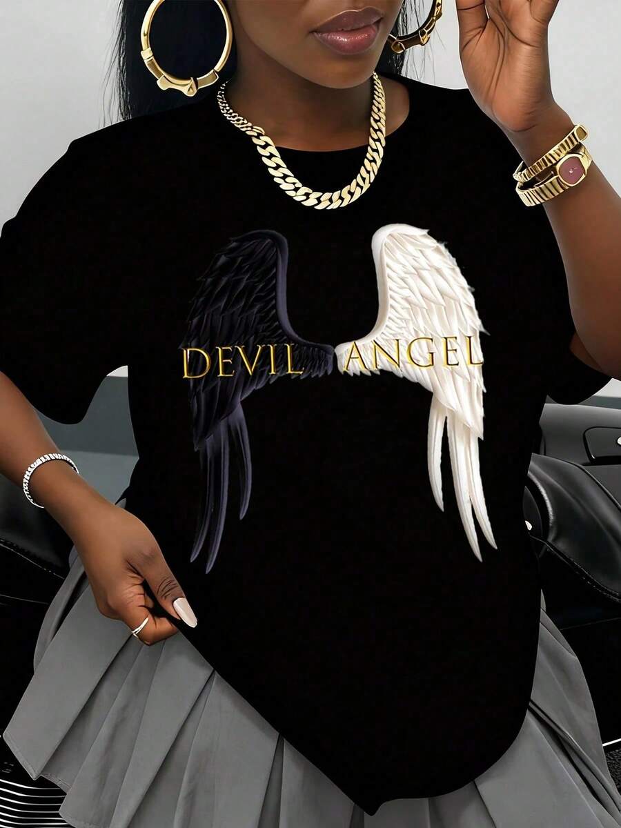 Camiseta Blanca con Diseño de Alas de Ángel y Demonio para Mujer, Top de Moda con Diseño de Alas en Blanco y Negro, Camiseta Casual de Estilo Urbano para Uso Diario, Fiestas o Festivales - Negro - Ver 1