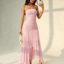 PETITE Vestido para mujer con dobladillo asimétrico y volantes sin tirantes, adecuado para citas y temporada de bodas, vestidos de verano para mujeres - Amarillo - Ver 5