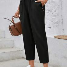 Soqi Women's Clothing  Pantalones casuales de verano para mujer con cintura elástica y bolsillos - Café integral - Ver 8