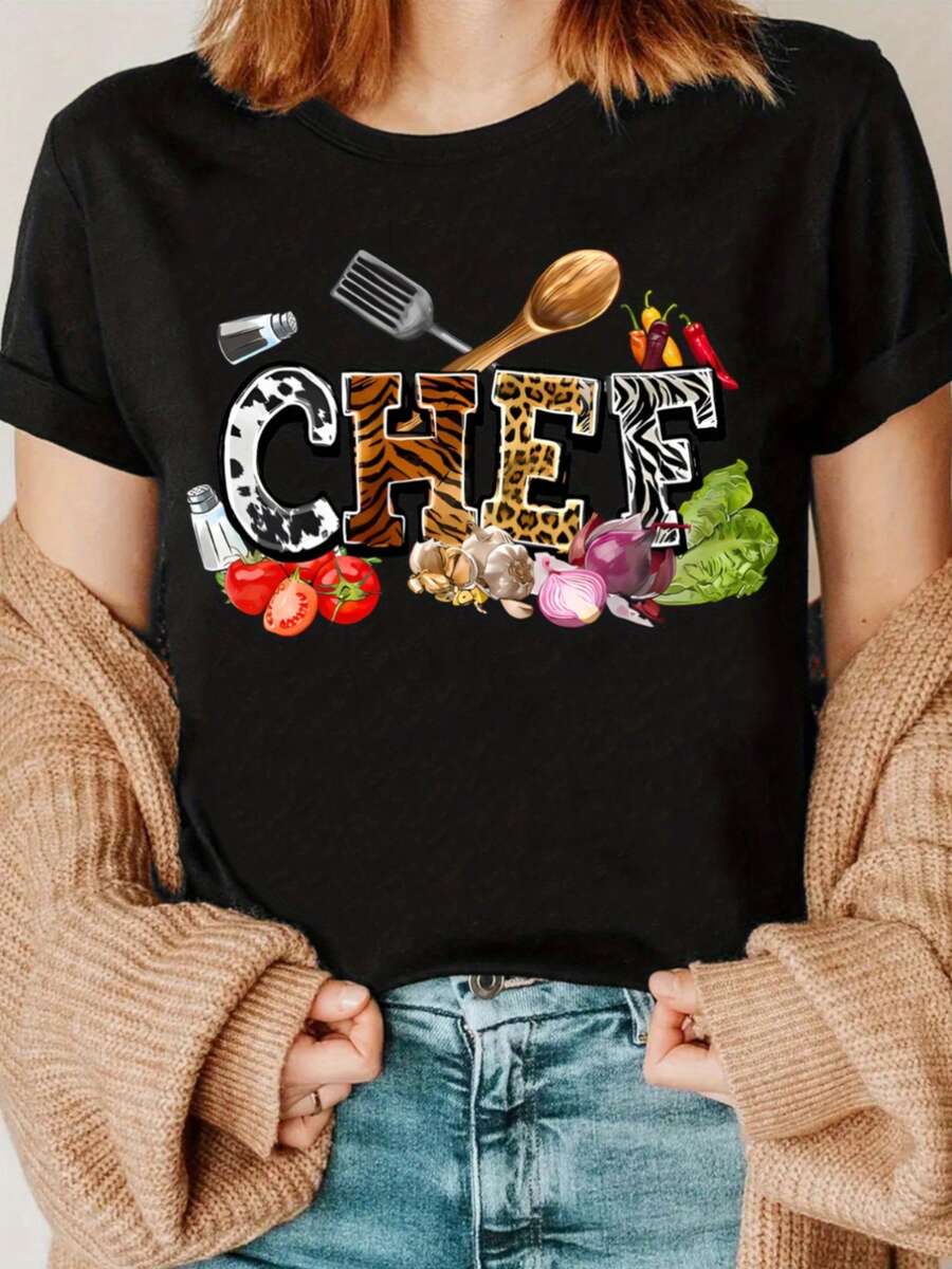 T-Shirts Printed With Chef Tools And Ingredients, T-Shirts For Cooking Enthusiasts, T-Shirts For Chef Groups, Gifts For Chefs, Leopard Print T-Shirts - 黑 - 查看 1