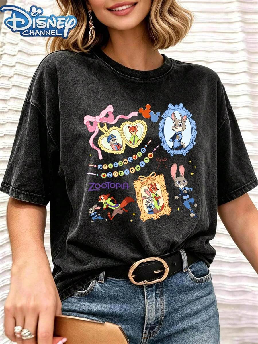 Zootopia Themed Print Pattern, Cartoon Character Design Featuring Classic Images Like Judy And Nick, Black Washed Pure Cotton T-Shirt - Black - View 1