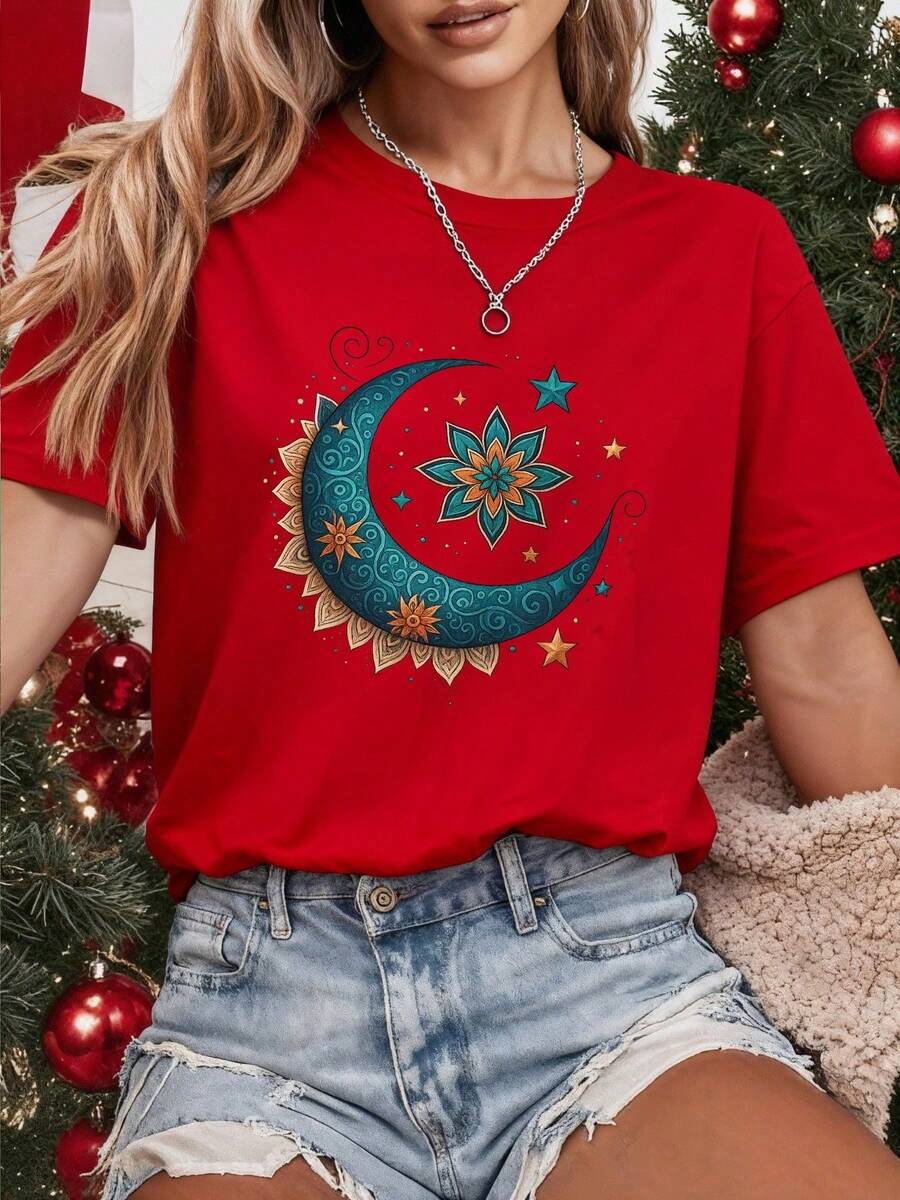 | 1 Playera para Mujer% Algodón Transpirable | Camisetas estampadas para mujer, camisetas navideñas para mujer, camiseta gráfica con diseño de estrella, mandala y luna, manga corta, - Blanco - Ver 1