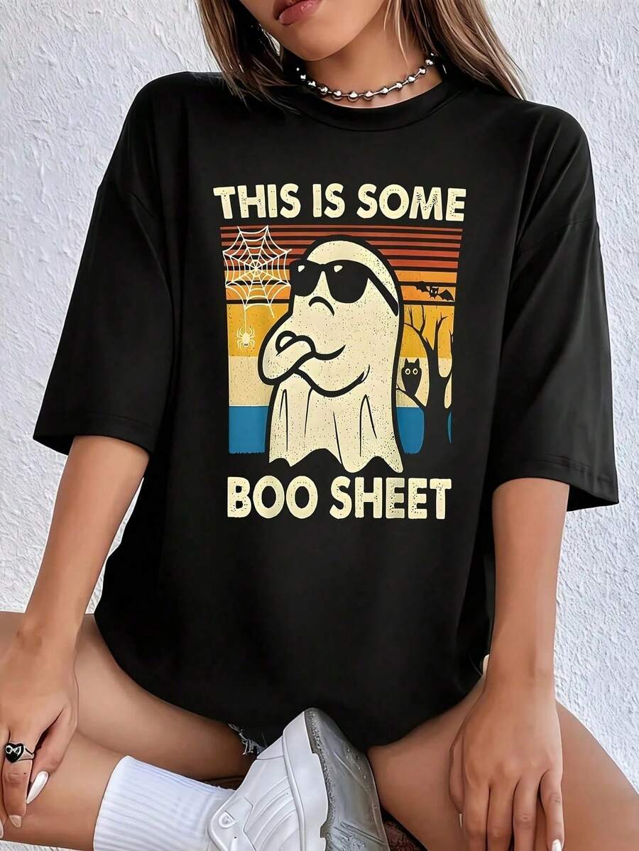 Camiseta de talla grande para mujer, divertida, con estampado gráfico, de manga corta, novedosa, informal, con cuello redondo. - Negro - Ver 1
