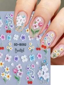 2 Packs Summer 5D Embossed Hibiscus Flower Stickers Colorful Flower Pattern Self-Adhesive Nail Decals Decorations Women's Nail Supplies - Multicolor - View 2