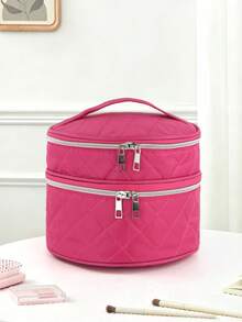 1PC Minimalist Portable Travel Makeup Brush Storage Bag, Quilted Diamond Pattern Double Layer Large Capacity Cosmetic Pouch, Lipstick Cushion Brush Storage Bag With Zipper Closure, Daily Makeup Storage Bag - Multicolor - View 10
