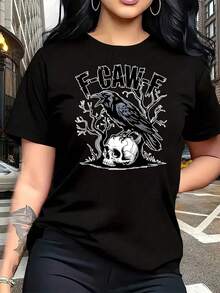 Women's Plus Size Skull Crow T-Shirt, 1 Piece, Fun, Graphic Print, Short Sleeve, Novelty, 100% Cotton, Crew Neck, Casual, 220g - 黑色 - 查看 1