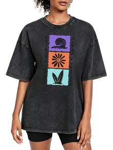 Men's And Women's 100% Cotton Y2K Vintage Style Acid-Wash T-Shirt: Tokyo Wave: The Shibuya Surf Blossom Print T-Shirt Highlights Japanese Culture - Look V - 黑色 - 查看 1
