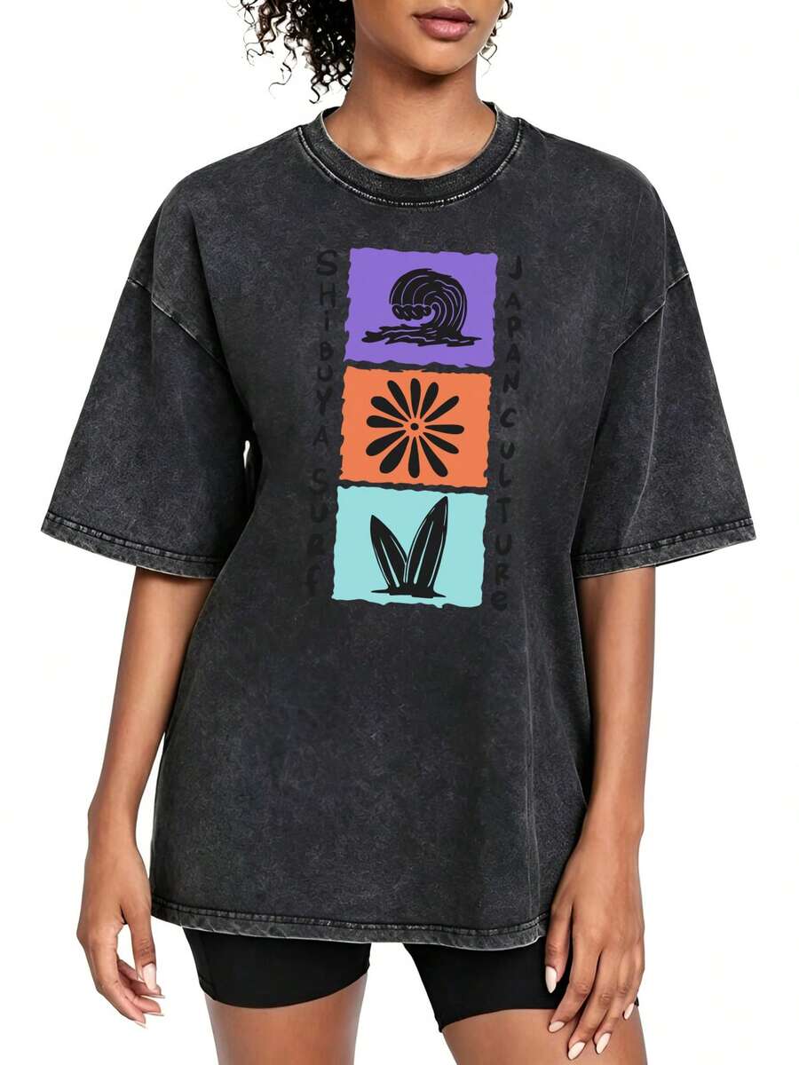 Men's And Women's 100% Cotton Y2K Vintage Style Acid-Wash T-Shirt: Tokyo Wave: The Shibuya Surf Blossom Print T-Shirt Highlights Japanese Culture - Look V - 黑色 - 查看 1
