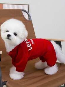1pc English Sports Fleece Hooded Sweatshirt Four-Legged Dog Clothes For Small Dogs, Schnauzer, Pomeranian, Shiba Inu, Autumn - Red - View 5