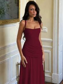Elegant Sleeveless Long Party Dress For Women, Solid Color, European Style, New Fashion Wrap Dress - Burgundy - View 6