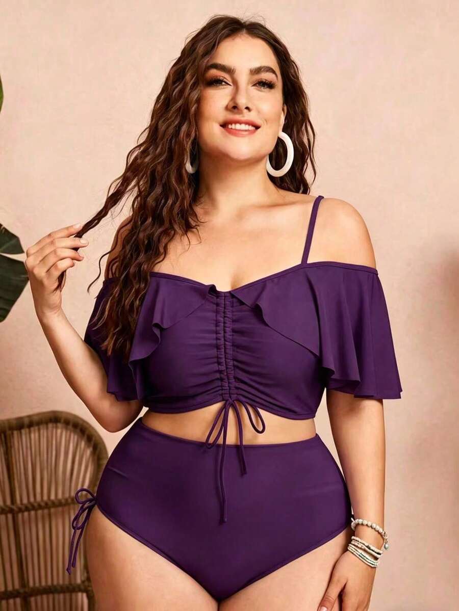 Swim Chiccia Conjunto de 2 piezas de bikini de talla para mujer de unicolor con tirantes de espagueti, hombros descubiertos, volantes y cordón - Elegante y estiloso para vacaciones in - Morado - Ver 1