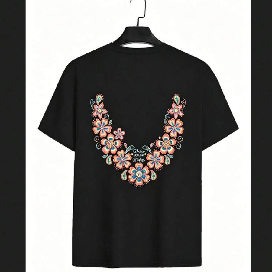Unisex T-Shirts, Tops, Men's T-Shirts, Women's T-Shirts, Printed T-Shirts, Short-Sleeved T-Shirts, , Casual, Floral Crowns - 黑色 - 查看 1