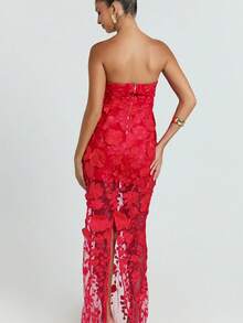 Vestido mujer sin tirantes con flores tridimensionales estilo francés lujo ligero elegante ideal fiesta dama verano moda casual  nueva colección - Rojo - Ver 3