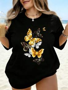 Camiseta Blanca con Estampado de Mariposas para Mujer, Estilo Casual de Verano para Playa, Corte Holgado y Oversize, con Mariposas Doradas y Negras, Ideal para Vacaciones, Viajes y Uso Diari - Negro - Ver 1