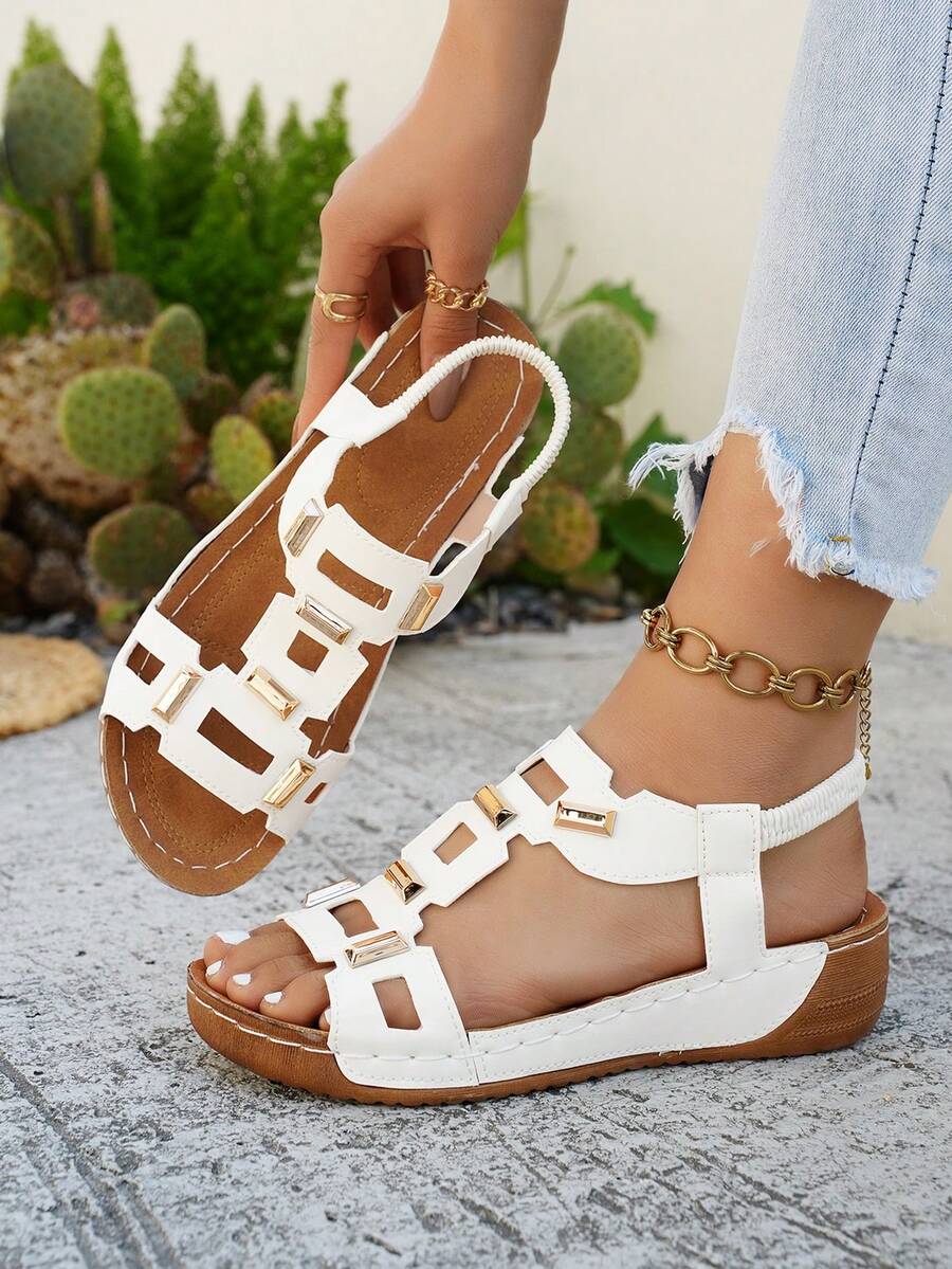 Plus Size Women's Fashion Comfortable Lace-Up Wedge Sandals - White - View 1